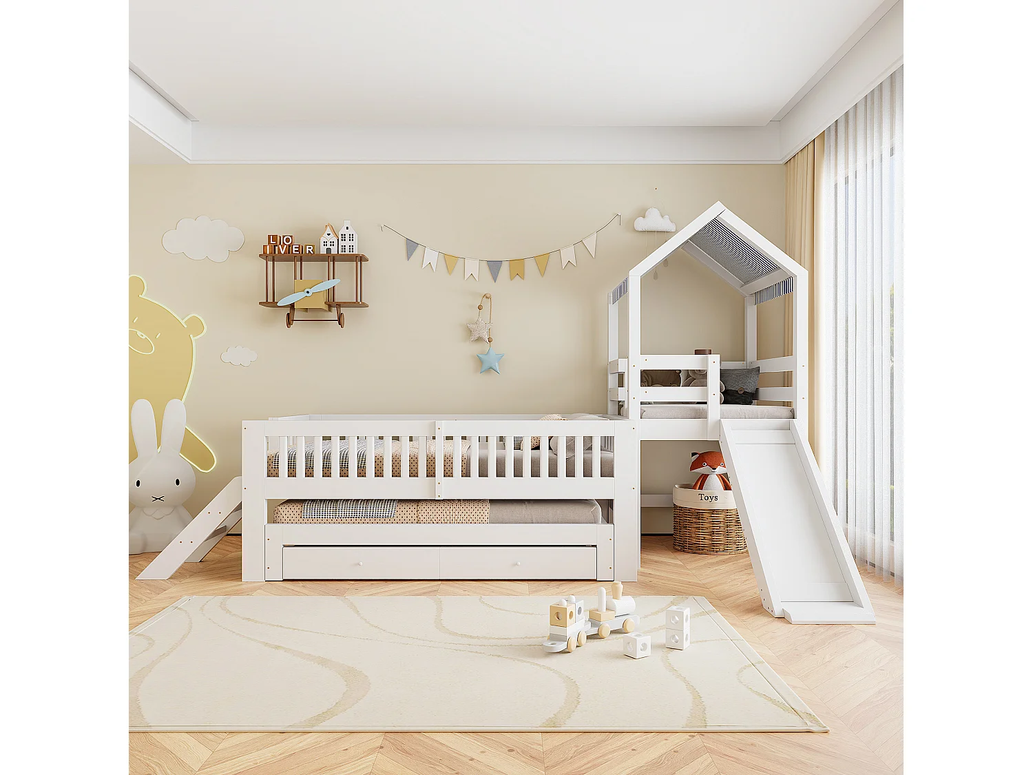 Kinderbett 90x200cm - mit Bettunterbau 90x190cm - mit Rutsche - mit seitlicher Leiter - mit 2 Schubladen - weiß (Matratze nicht enthalten)