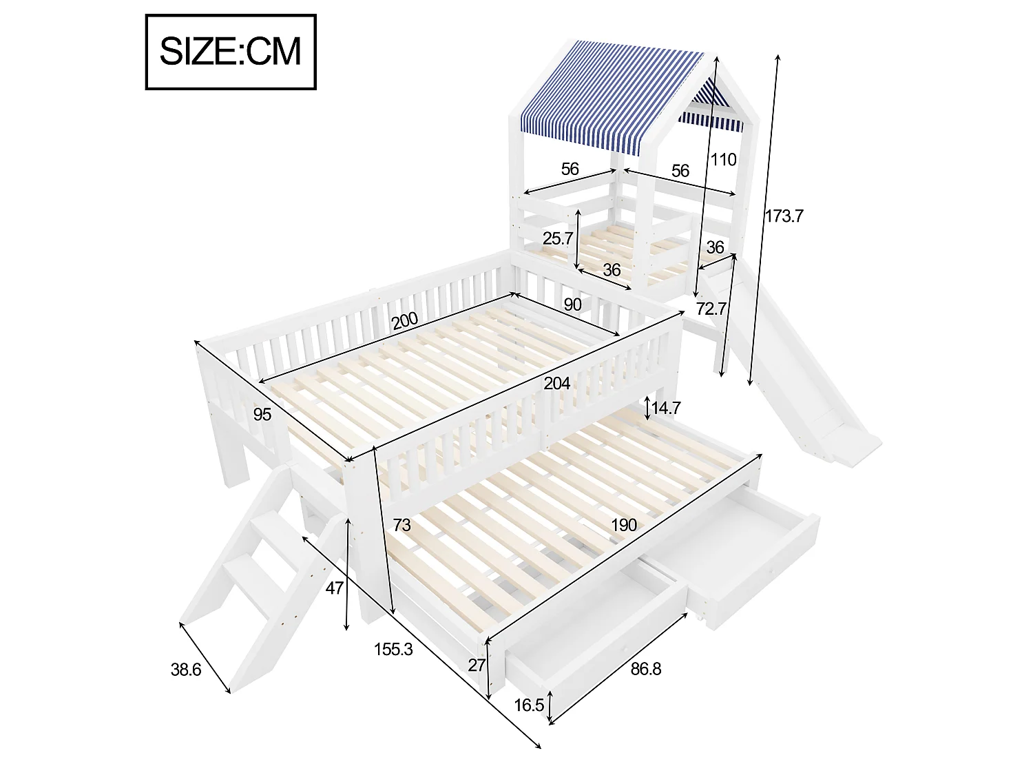 Kinderbett 90x200cm - mit Bettunterbau 90x190cm - mit Rutsche - mit seitlicher Leiter - mit 2 Schubladen - weiß (Matratze nicht enthalten)