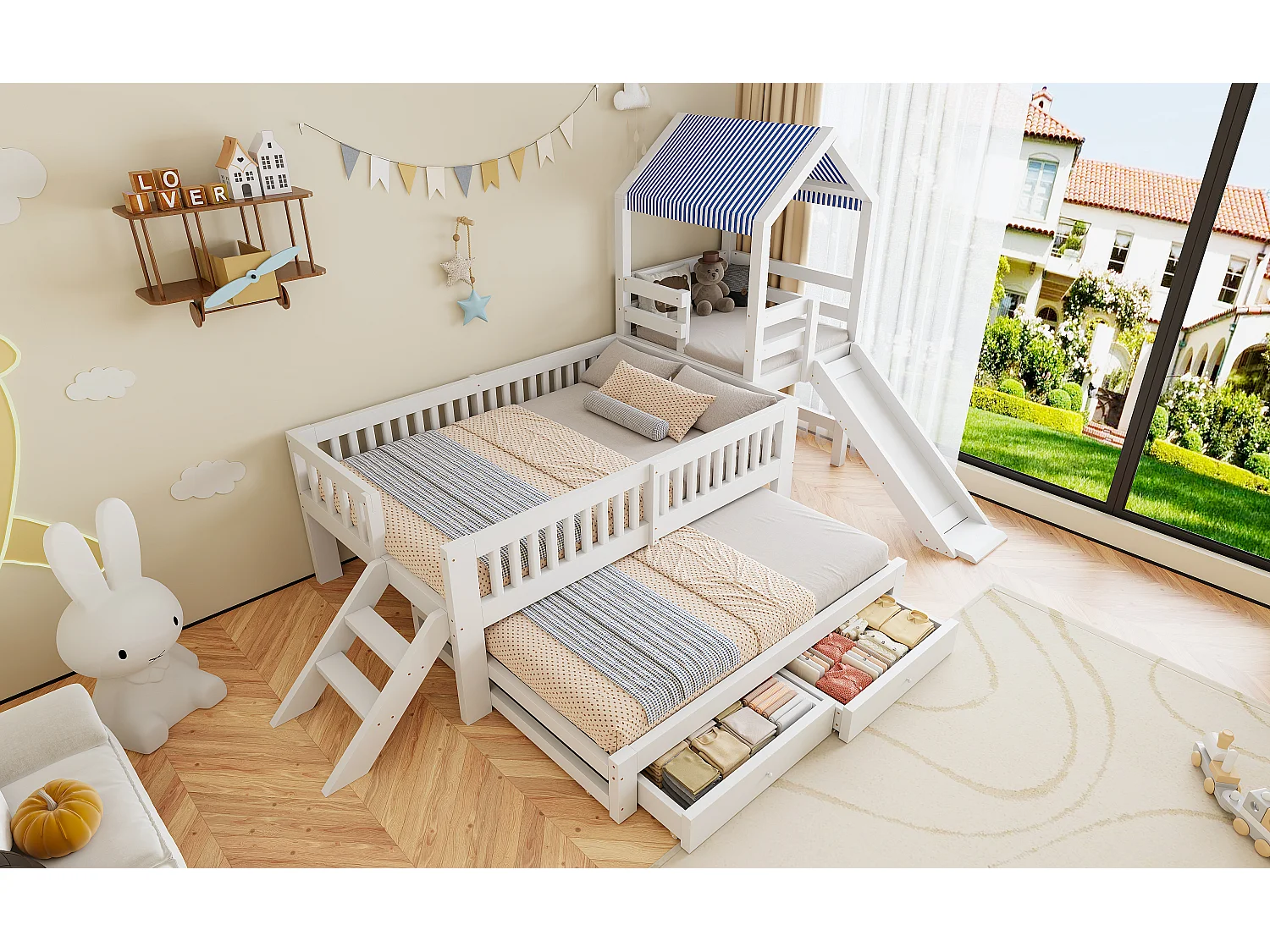 Kinderbett 90x200cm - mit Bettunterbau 90x190cm - mit Rutsche - mit seitlicher Leiter - mit 2 Schubladen - weiß (Matratze nicht enthalten)