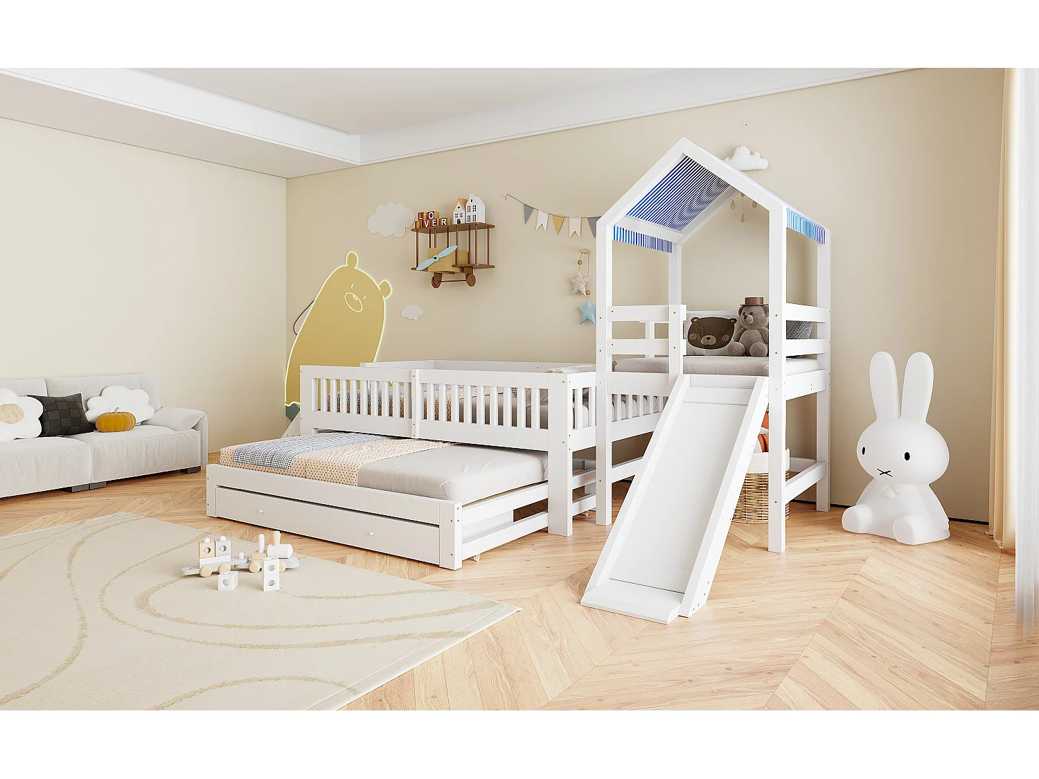 Kinderbett 90x200cm - mit Bettunterbau 90x190cm - mit Rutsche - mit seitlicher Leiter - mit 2 Schubladen - weiß (Matratze nicht enthalten)