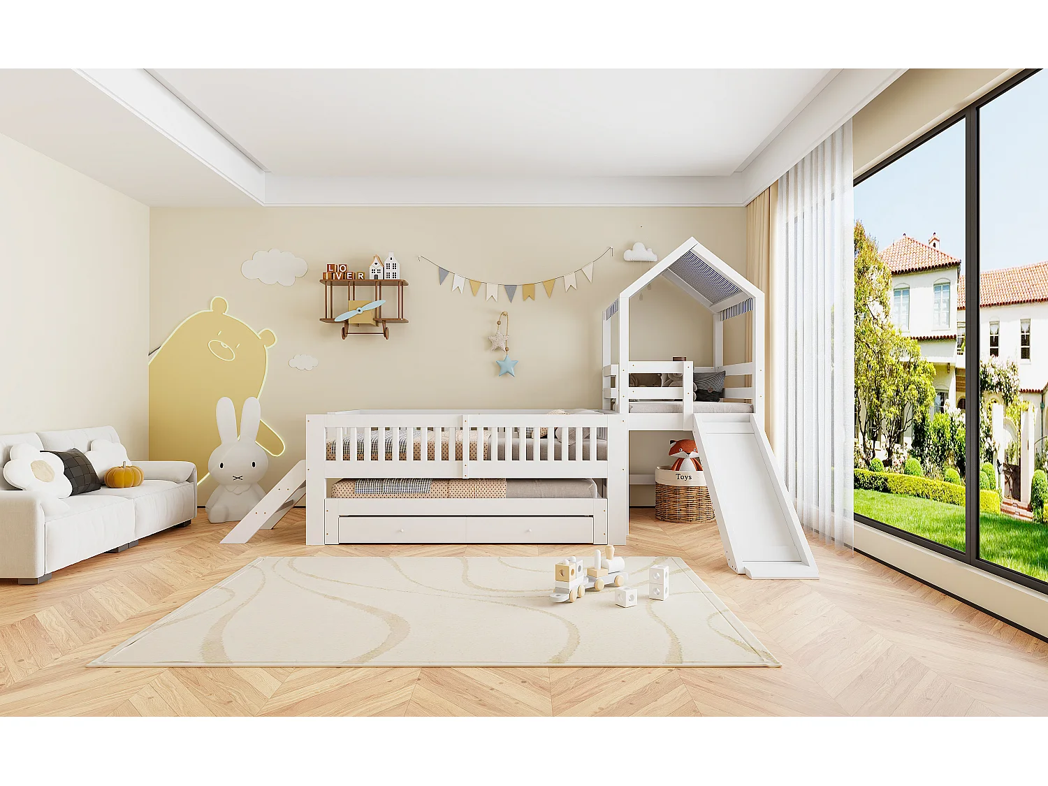 Kinderbett 90x200cm - mit Bettunterbau 90x190cm - mit Rutsche - mit seitlicher Leiter - mit 2 Schubladen - weiß (Matratze nicht enthalten)