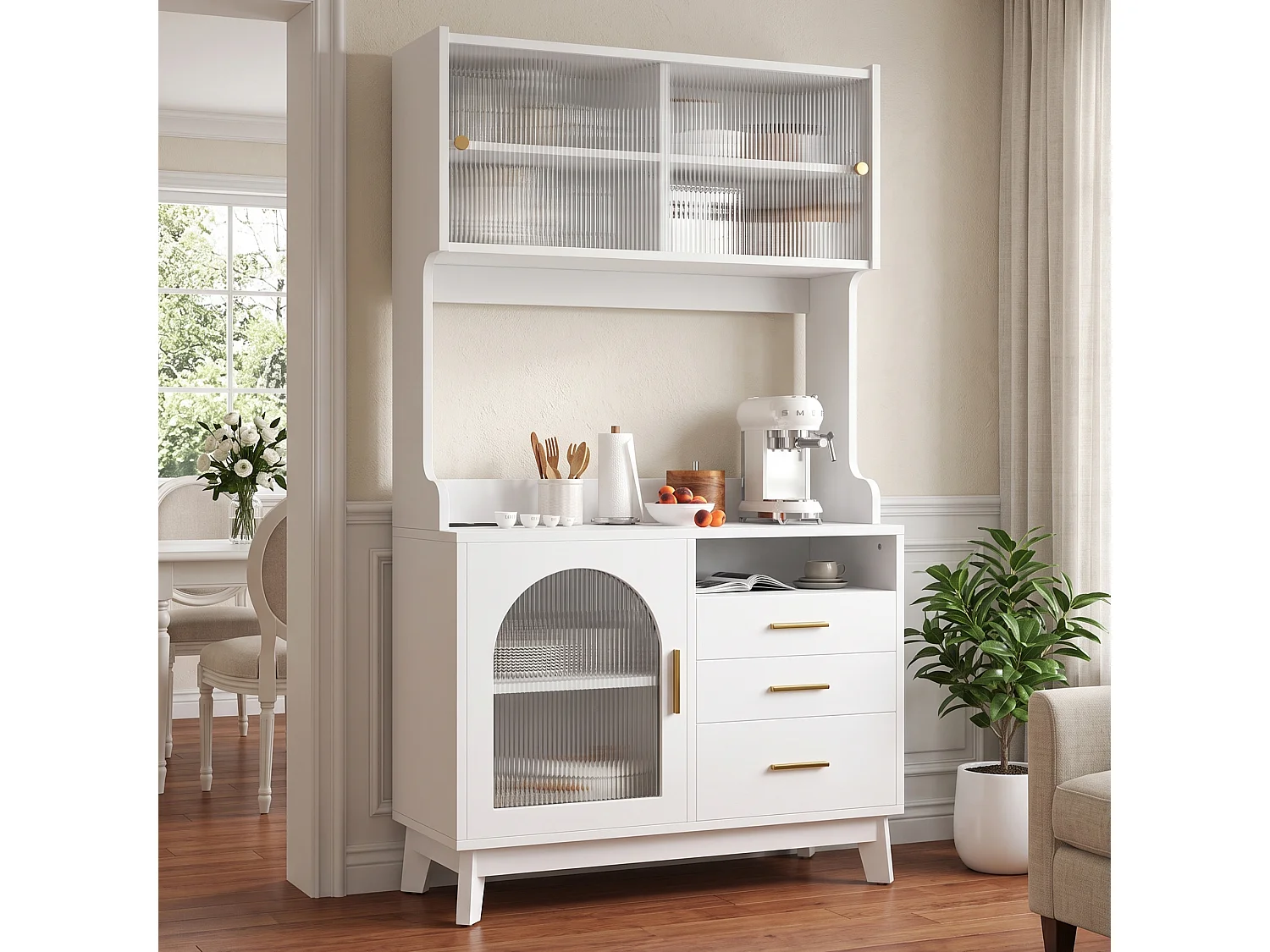 Buffet/Hoge kast 100,5x40x178 cm - 3 deuren en 3 laden - Opbergruimte met meerdere niveaus - Stopcontact en USB-poort - Wit