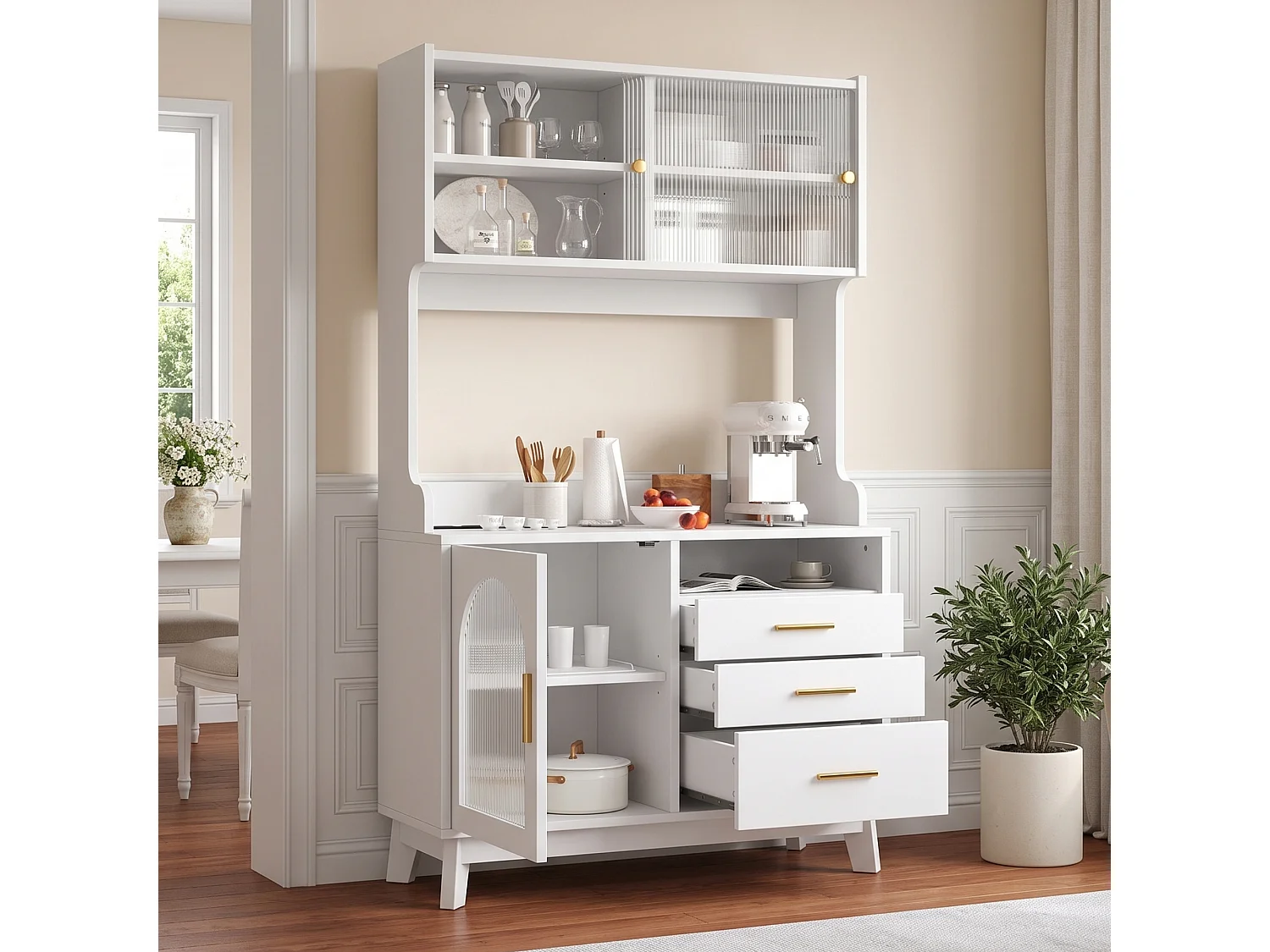 Buffet/Hoge kast 100,5x40x178 cm - 3 deuren en 3 laden - Opbergruimte met meerdere niveaus - Stopcontact en USB-poort - Wit