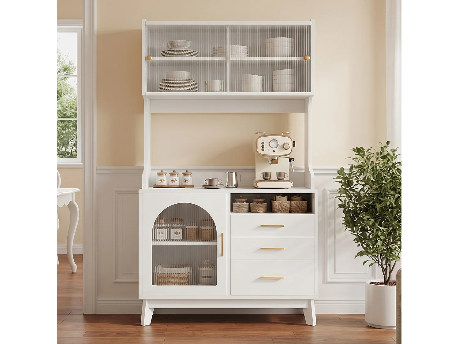 Buffet/Hoge kast 100,5x40x178 cm - 3 deuren en 3 laden - Opbergruimte met meerdere niveaus - Stopcontact en USB-poort - Wit