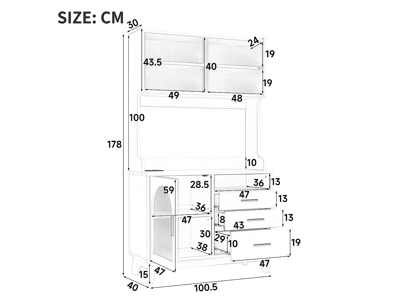 Buffet/Hoge kast 100,5x40x178 cm - 3 deuren en 3 laden - Opbergruimte met meerdere niveaus - Stopcontact en USB-poort - Wit