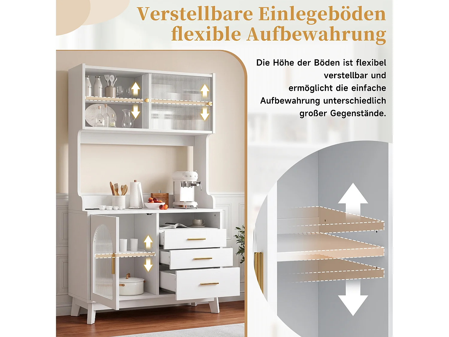 Buffet/Hoge kast 100,5x40x178 cm - 3 deuren en 3 laden - Opbergruimte met meerdere niveaus - Stopcontact en USB-poort - Wit