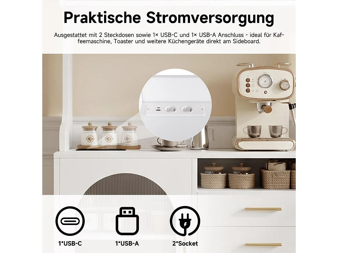 Buffet/Hoge kast 100,5x40x178 cm - 3 deuren en 3 laden - Opbergruimte met meerdere niveaus - Stopcontact en USB-poort - Wit