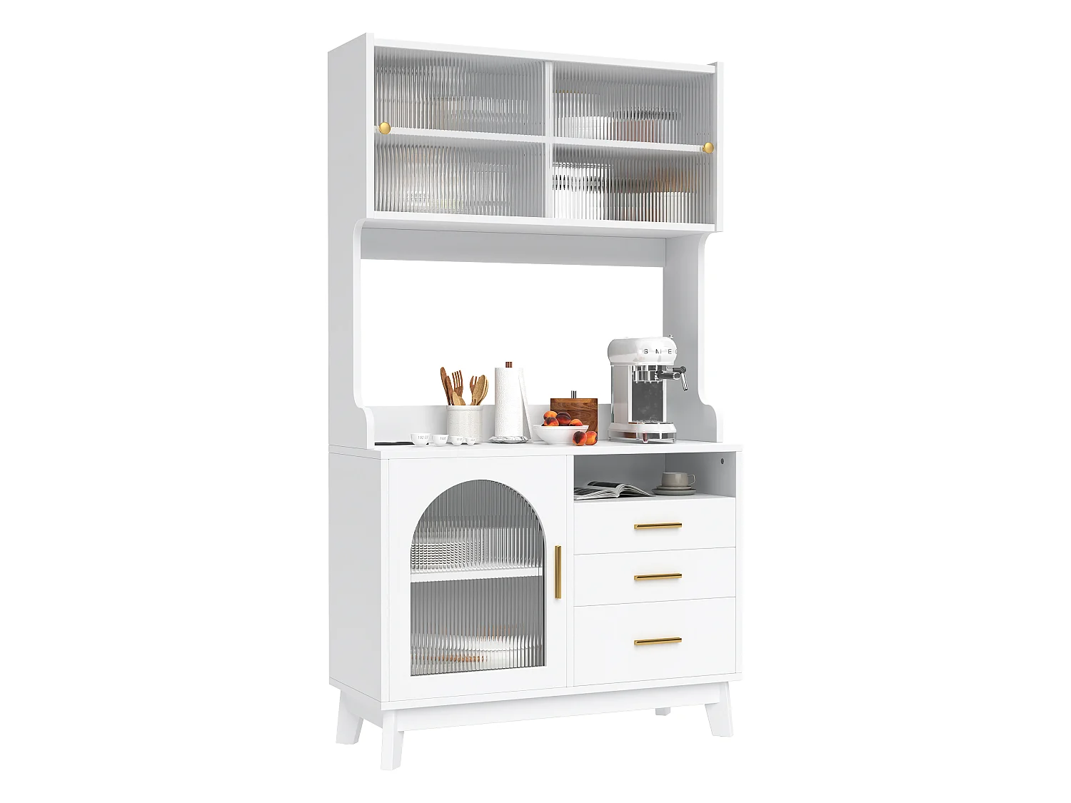 Buffet/Hoge kast 100,5x40x178 cm - 3 deuren en 3 laden - Opbergruimte met meerdere niveaus - Stopcontact en USB-poort - Wit
