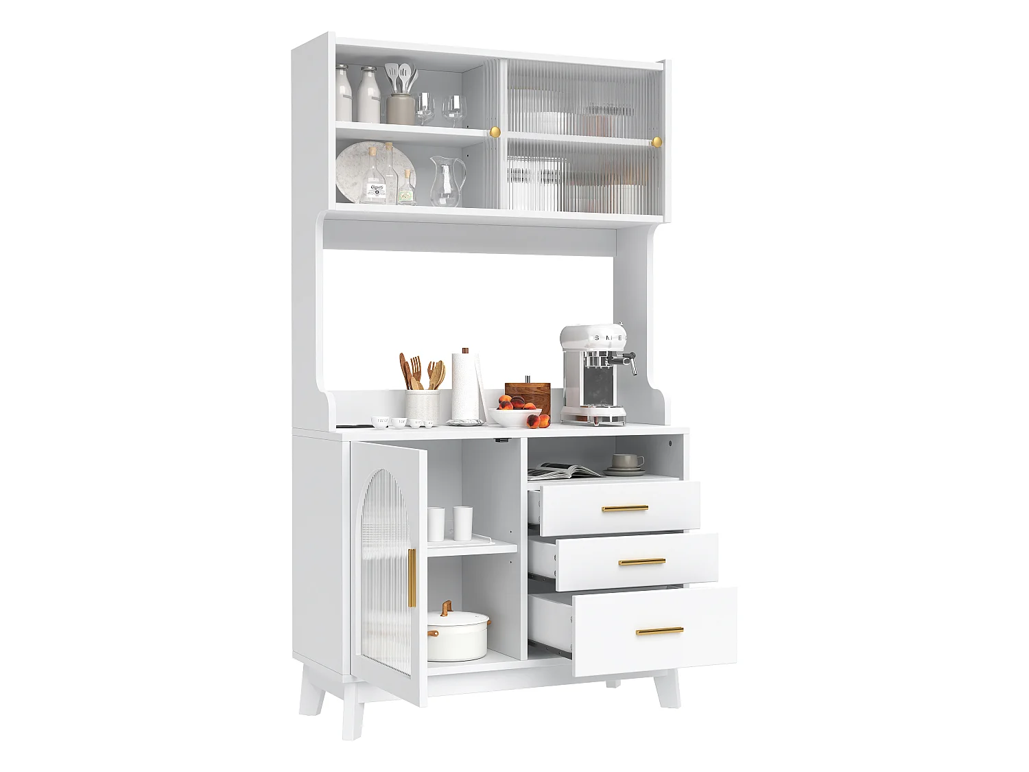 Buffet/Hoge kast 100,5x40x178 cm - 3 deuren en 3 laden - Opbergruimte met meerdere niveaus - Stopcontact en USB-poort - Wit