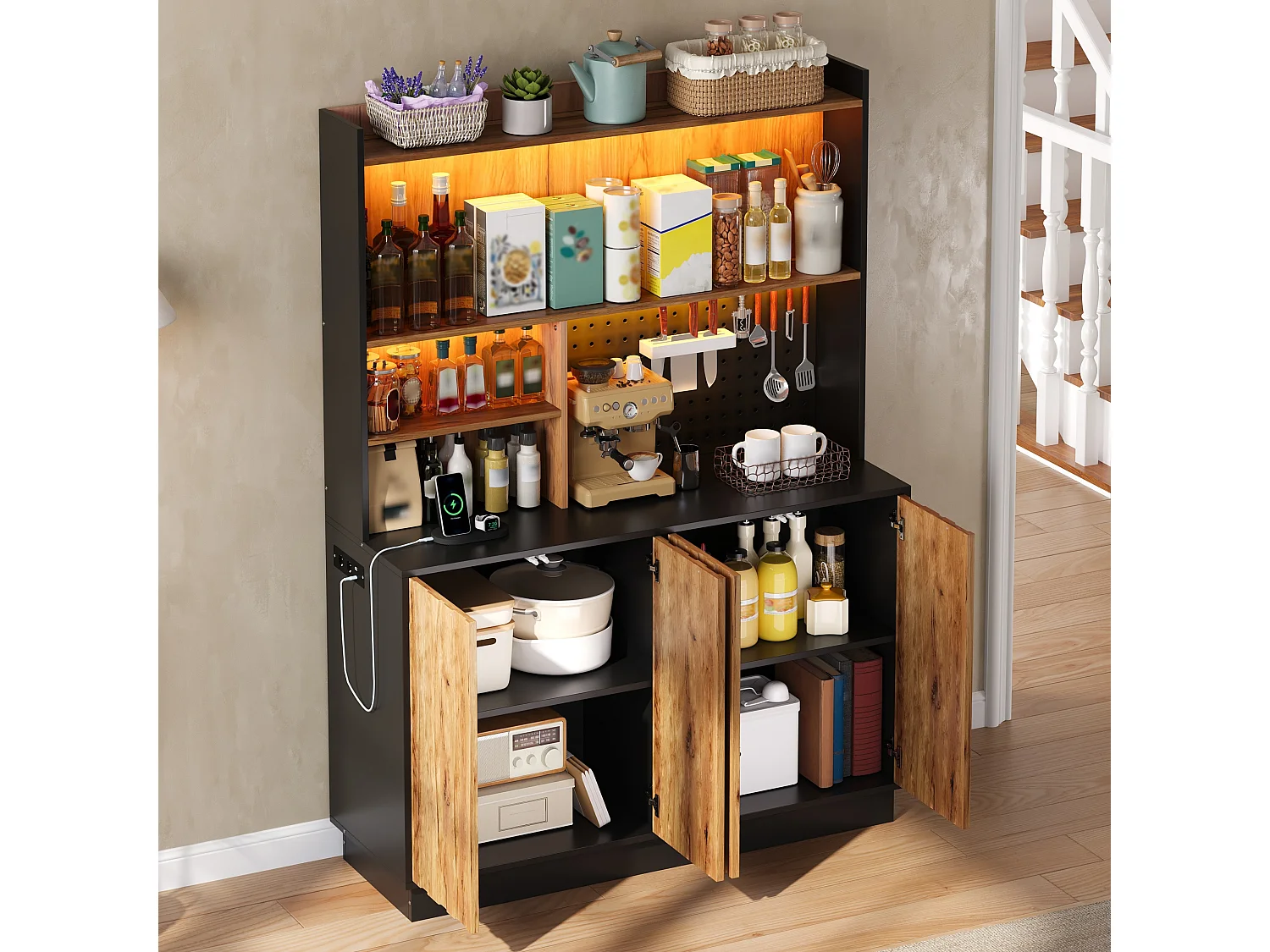 Buffet de cuisine 120x43x160cm - avec 4 portes - avec éclairage LED et prise de courant - avec planche à trous - Naturel