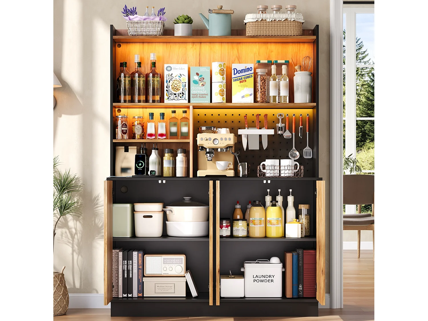 Buffet de cuisine 120x43x160cm - avec 4 portes - avec éclairage LED et prise de courant - avec planche à trous - Naturel