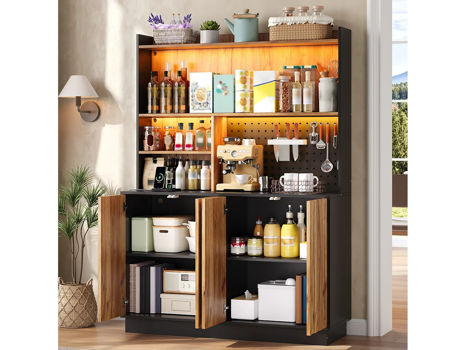 Buffet de cuisine 120x43x160cm - avec 4 portes - avec éclairage LED et prise de courant - avec planche à trous - Naturel