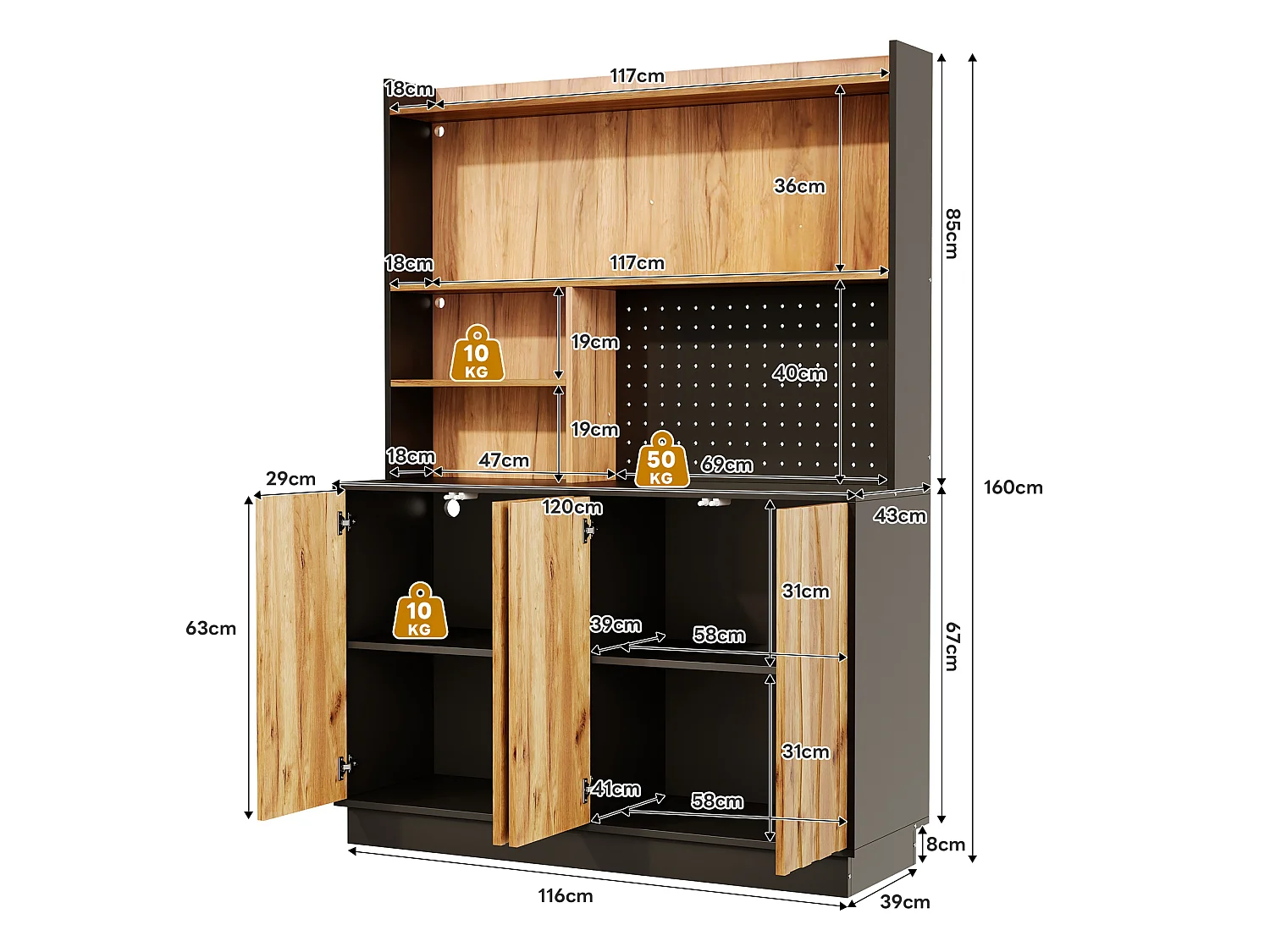 Buffet de cuisine 120x43x160cm - avec 4 portes - avec éclairage LED et prise de courant - avec planche à trous - Naturel