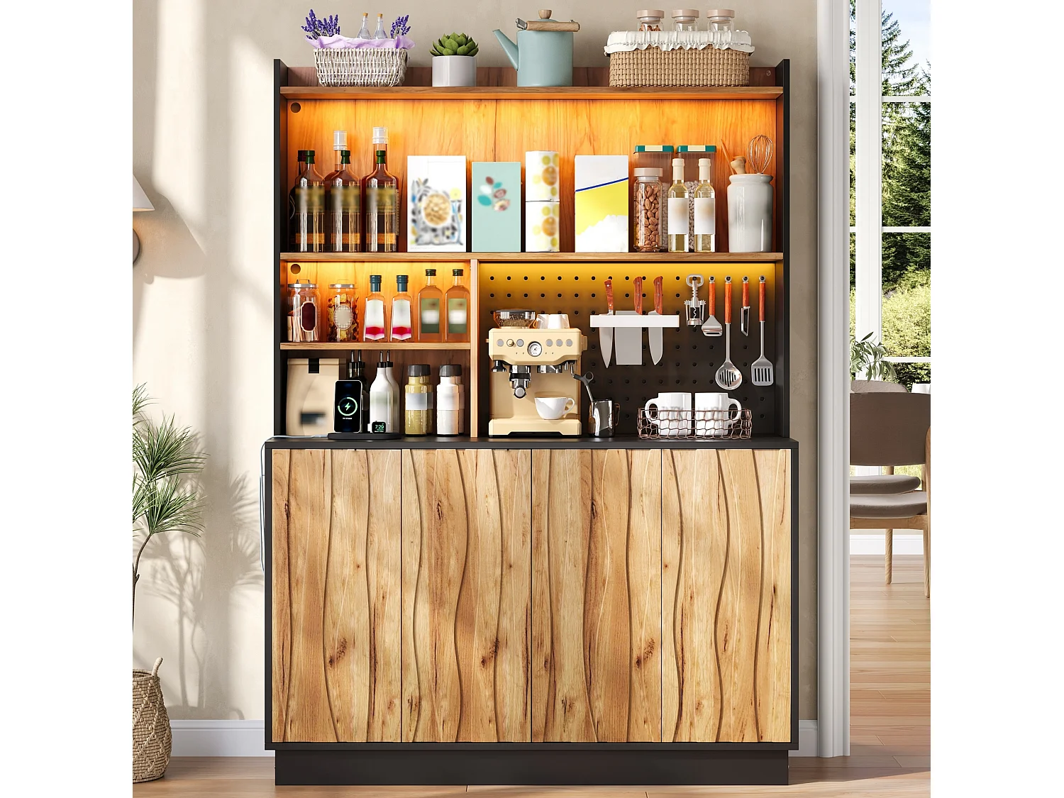 Buffet de cuisine 120x43x160cm - avec 4 portes - avec éclairage LED et prise de courant - avec planche à trous - Naturel