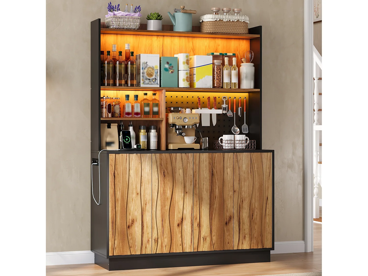 Buffet de cuisine 120x43x160cm - avec 4 portes - avec éclairage LED et prise de courant - avec planche à trous - Naturel