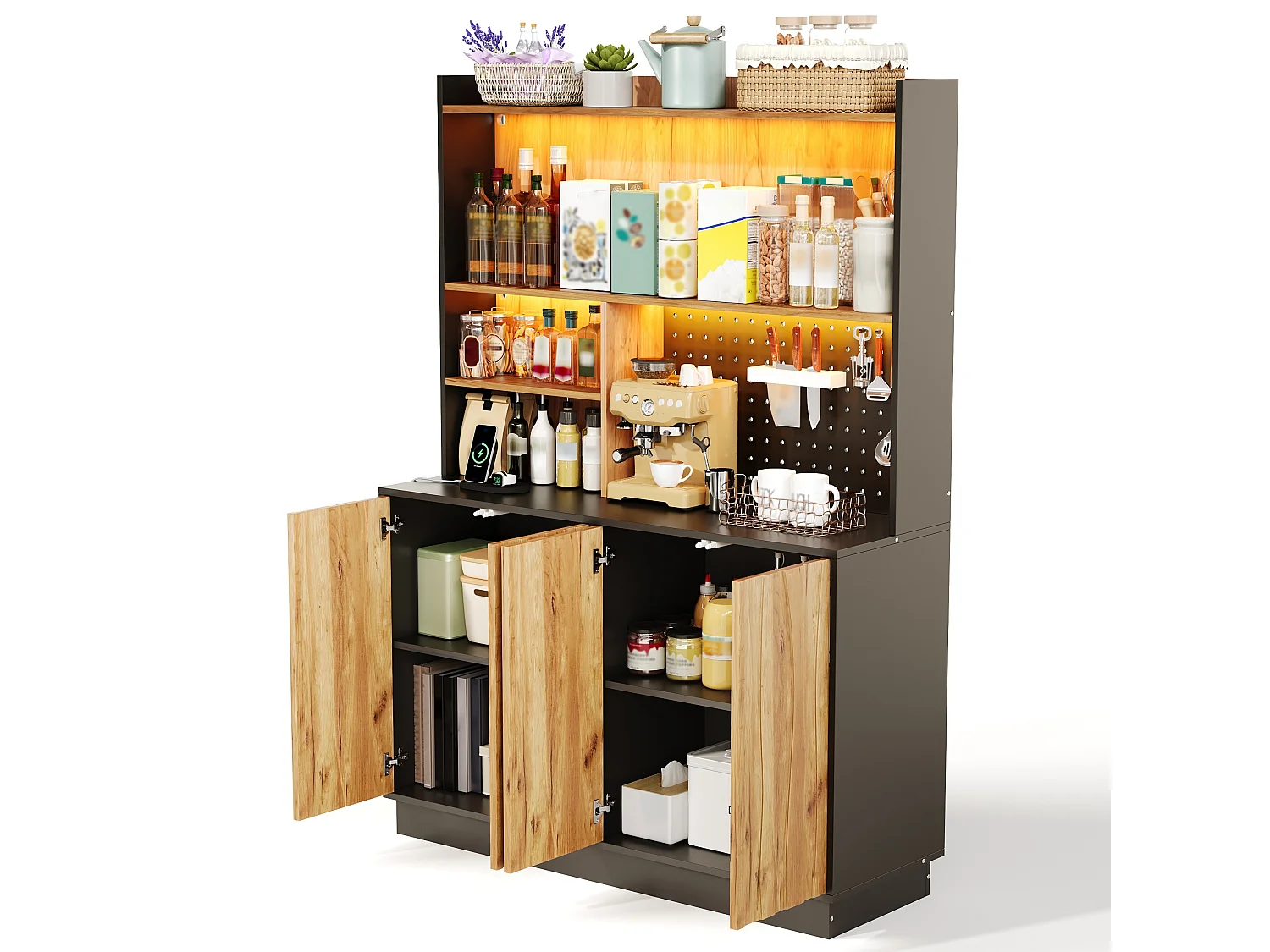 Buffet de cuisine 120x43x160cm - avec 4 portes - avec éclairage LED et prise de courant - avec planche à trous - Naturel