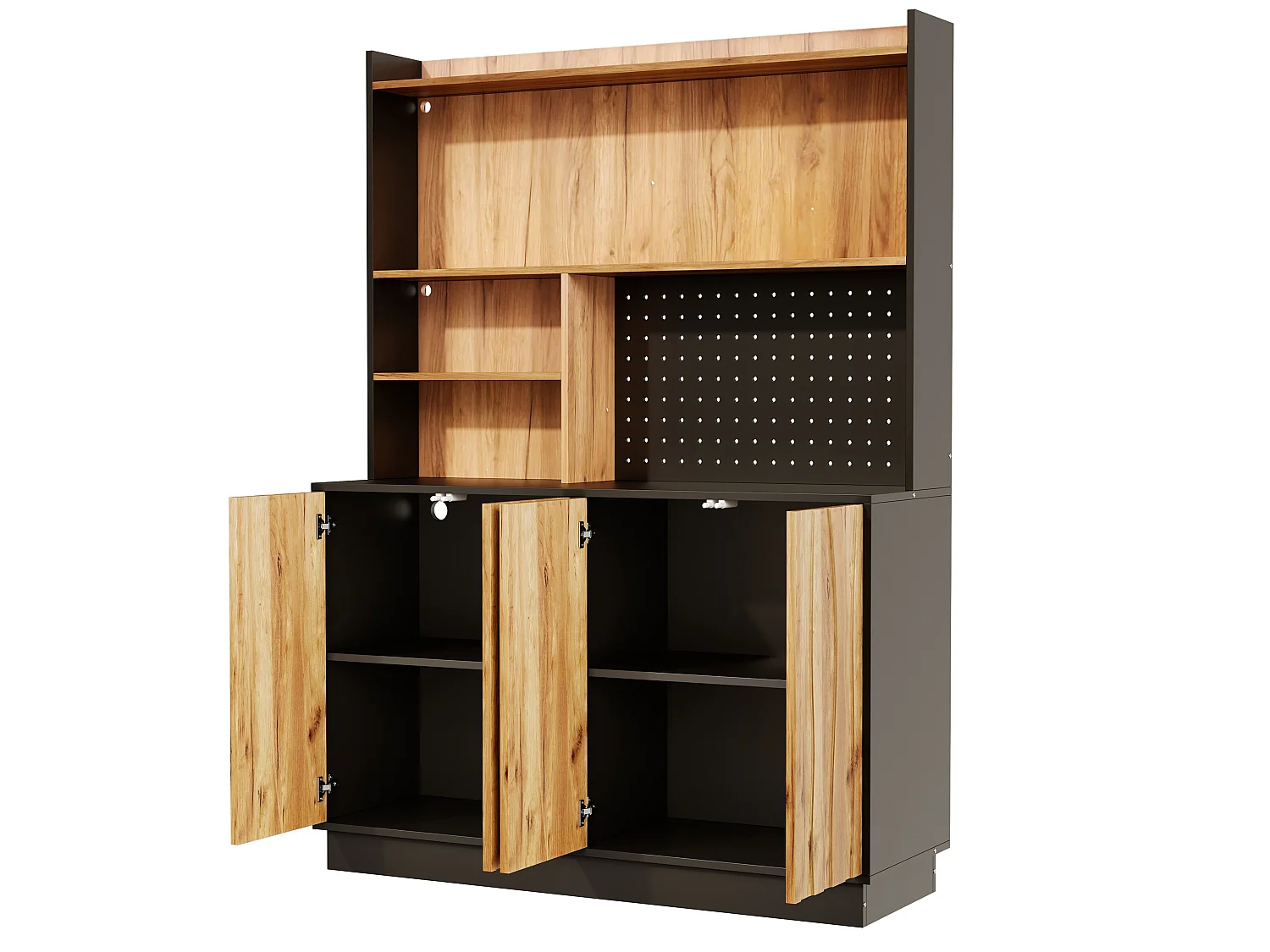 Buffet de cuisine 120x43x160cm - avec 4 portes - avec éclairage LED et prise de courant - avec planche à trous - Naturel