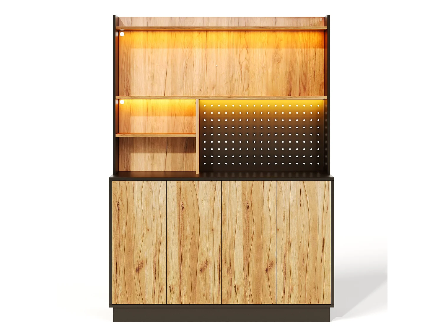 Buffet de cuisine 120x43x160cm - avec 4 portes - avec éclairage LED et prise de courant - avec planche à trous - Naturel