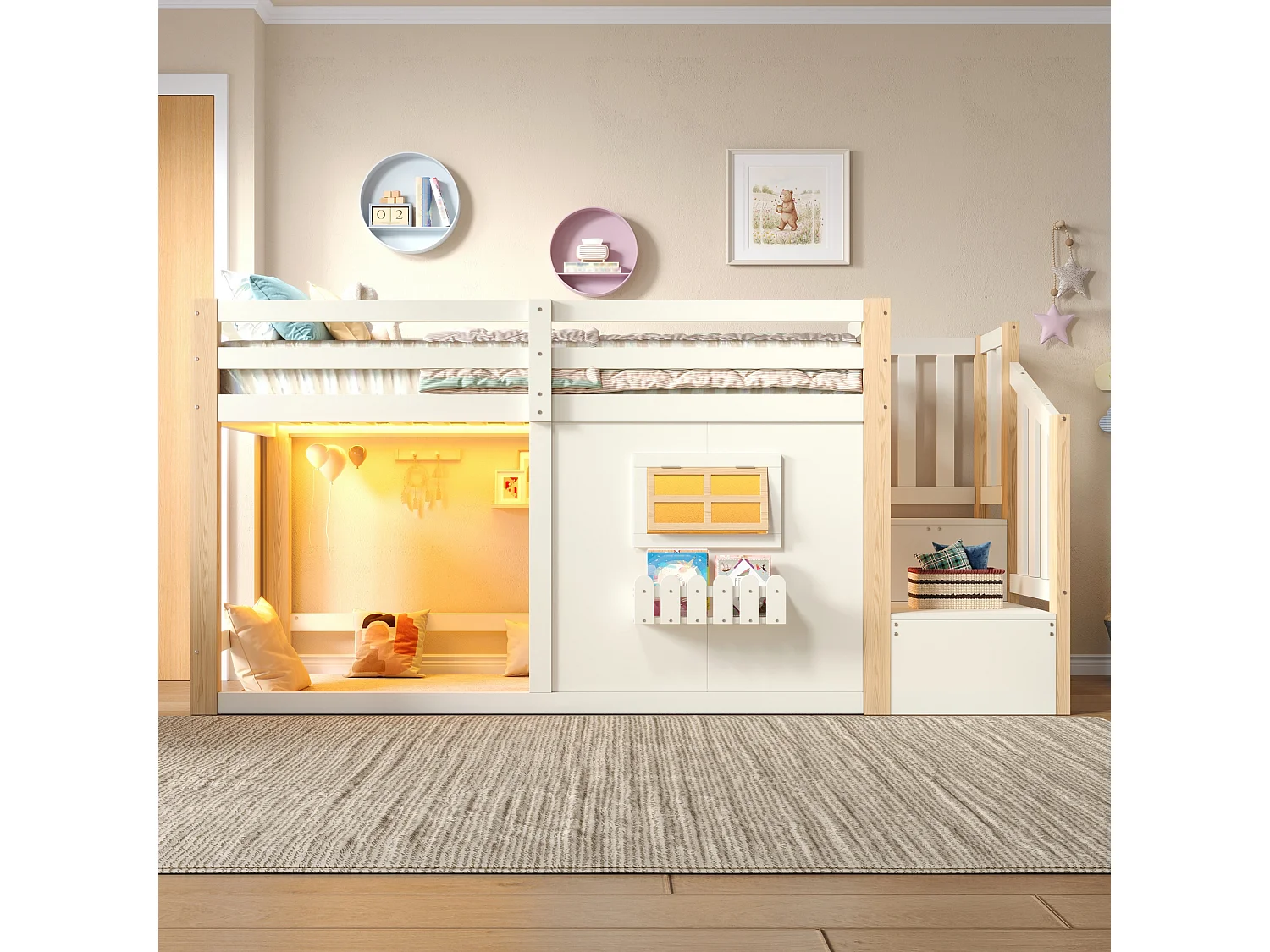 Hochbett 90 x 200 cm - mit Fenster - mit Leiter mit Stauraum - mit LED-Lichtleiste - weiß + natur (Matratze nicht enthalten)