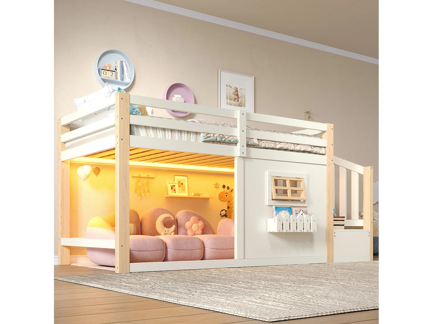 Hochbett 90 x 200 cm - mit Fenster - mit Leiter mit Stauraum - mit LED-Lichtleiste - weiß + natur (Matratze nicht enthalten)