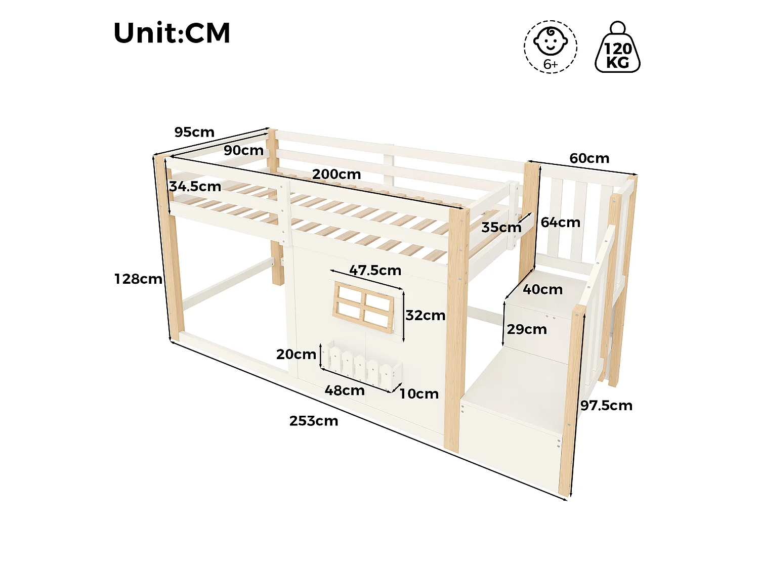 Hochbett 90 x 200 cm - mit Fenster - mit Leiter mit Stauraum - mit LED-Lichtleiste - weiß + natur (Matratze nicht enthalten)