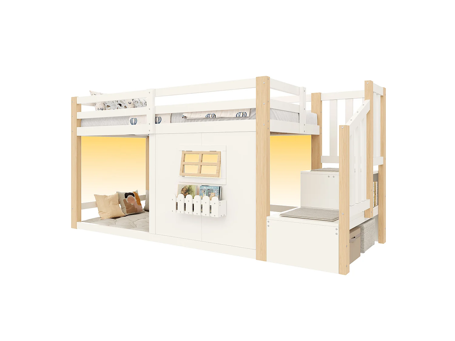 Hochbett 90 x 200 cm - mit Fenster - mit Leiter mit Stauraum - mit LED-Lichtleiste - weiß + natur (Matratze nicht enthalten)