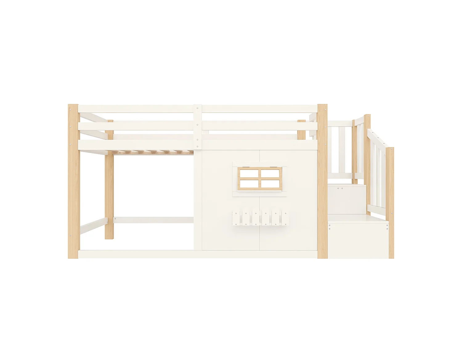 Hochbett 90 x 200 cm - mit Fenster - mit Leiter mit Stauraum - mit LED-Lichtleiste - weiß + natur (Matratze nicht enthalten)