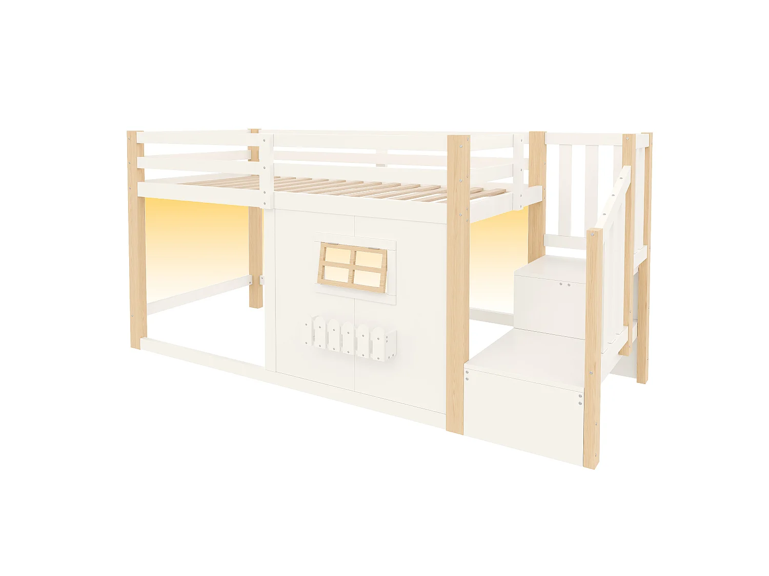 Hochbett 90 x 200 cm - mit Fenster - mit Leiter mit Stauraum - mit LED-Lichtleiste - weiß + natur (Matratze nicht enthalten)