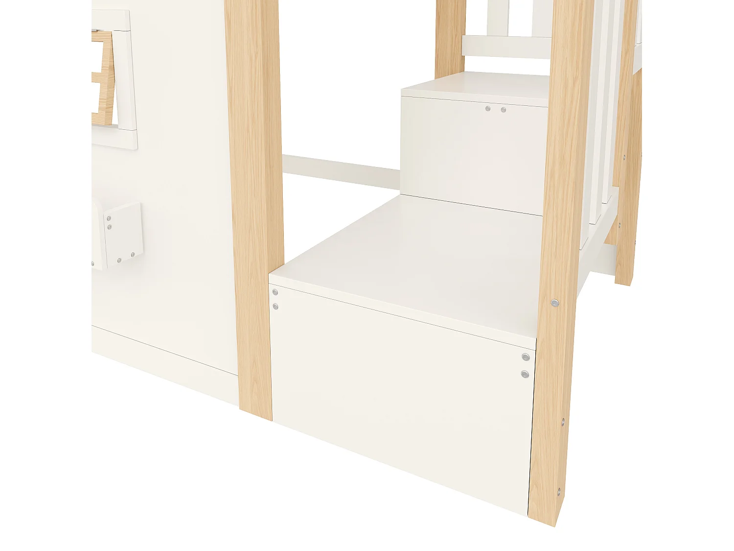 Hochbett 90 x 200 cm - mit Fenster - mit Leiter mit Stauraum - mit LED-Lichtleiste - weiß + natur (Matratze nicht enthalten)