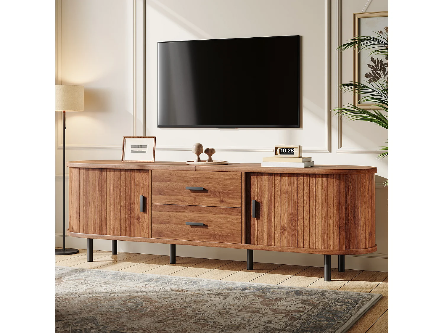 Meuble TV 160x40x55 cm - 2 tiroirs et 2 portes coulissantes - Angles arrondis - Pieds en métal - Marron