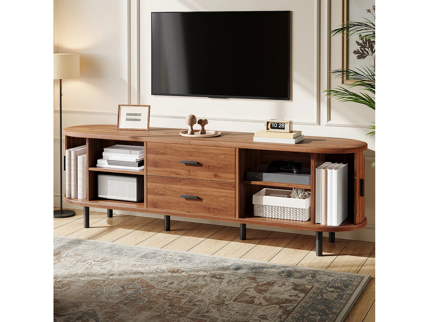 Meuble TV 160x40x55 cm - 2 tiroirs et 2 portes coulissantes - Angles arrondis - Pieds en métal - Marron