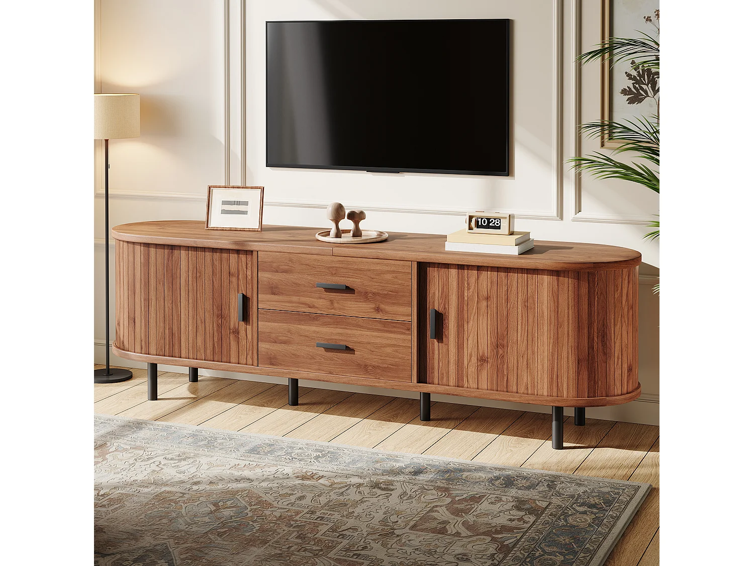 Meuble TV 160x40x55 cm - 2 tiroirs et 2 portes coulissantes - Angles arrondis - Pieds en métal - Marron
