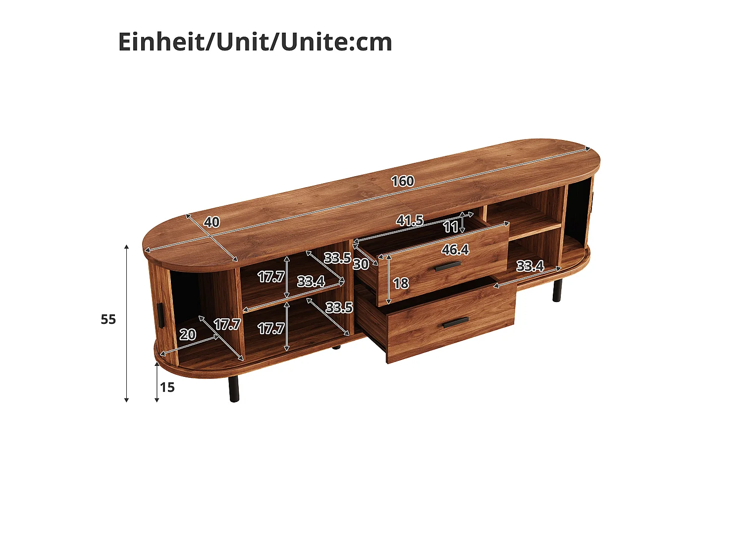 Meuble TV 160x40x55 cm - 2 tiroirs et 2 portes coulissantes - Angles arrondis - Pieds en métal - Marron