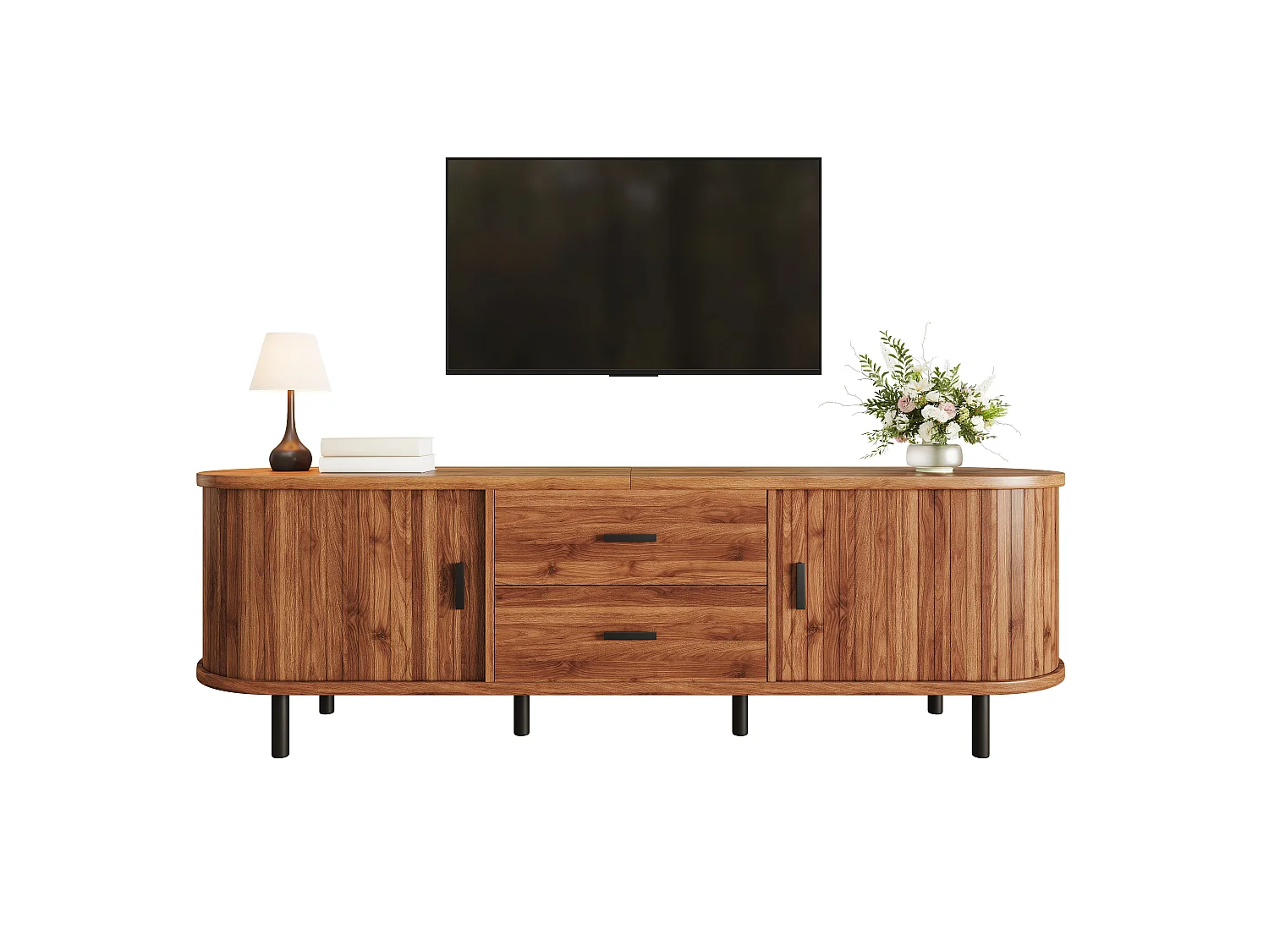 Meuble TV 160x40x55 cm - 2 tiroirs et 2 portes coulissantes - Angles arrondis - Pieds en métal - Marron