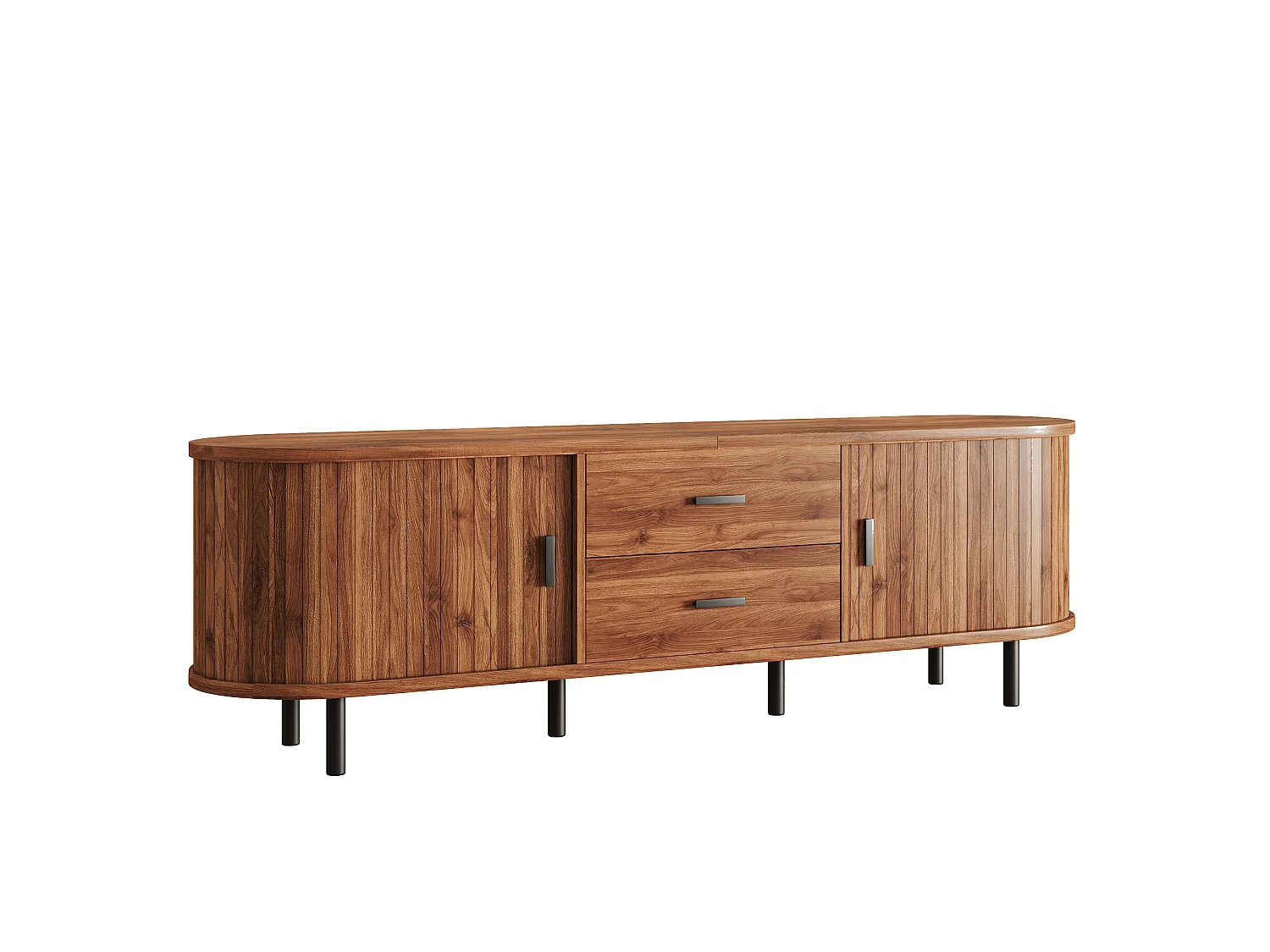 Meuble TV 160x40x55 cm - 2 tiroirs et 2 portes coulissantes - Angles arrondis - Pieds en métal - Marron