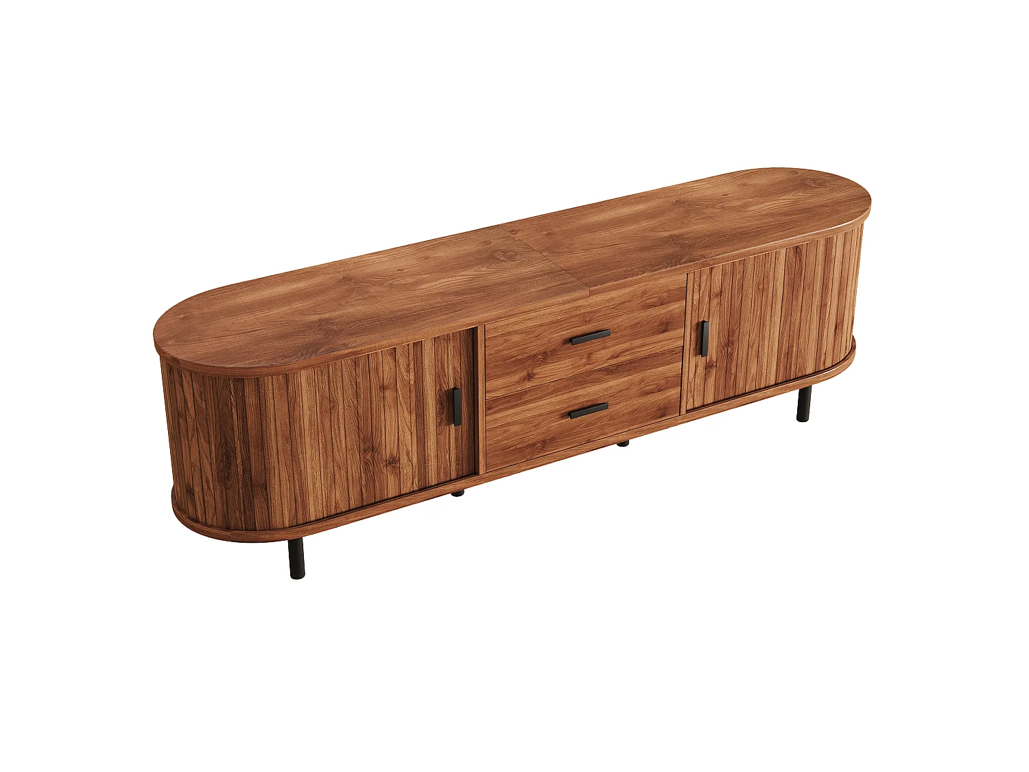 Meuble TV 160x40x55 cm - 2 tiroirs et 2 portes coulissantes - Angles arrondis - Pieds en métal - Marron