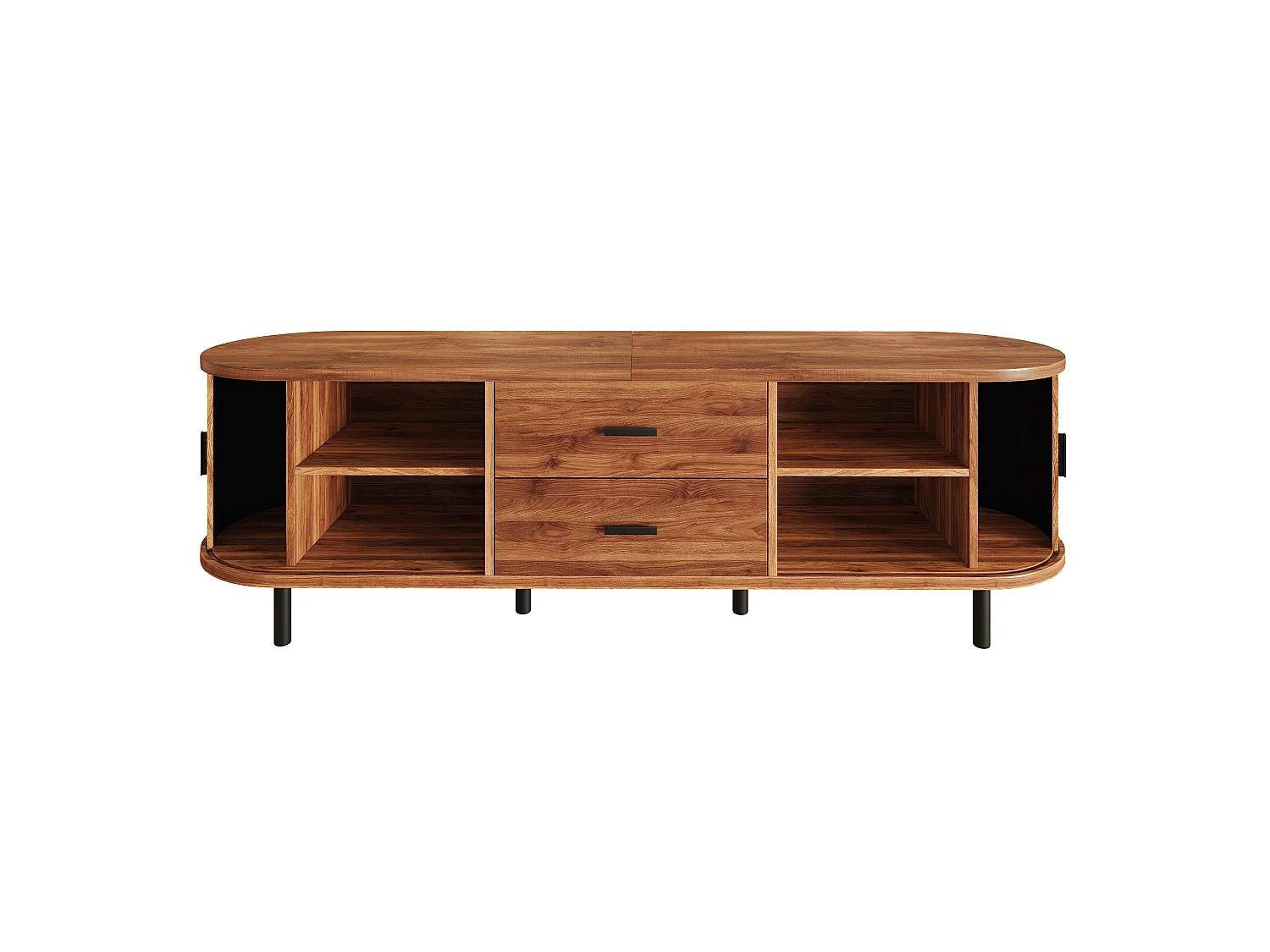 Meuble TV 160x40x55 cm - 2 tiroirs et 2 portes coulissantes - Angles arrondis - Pieds en métal - Marron