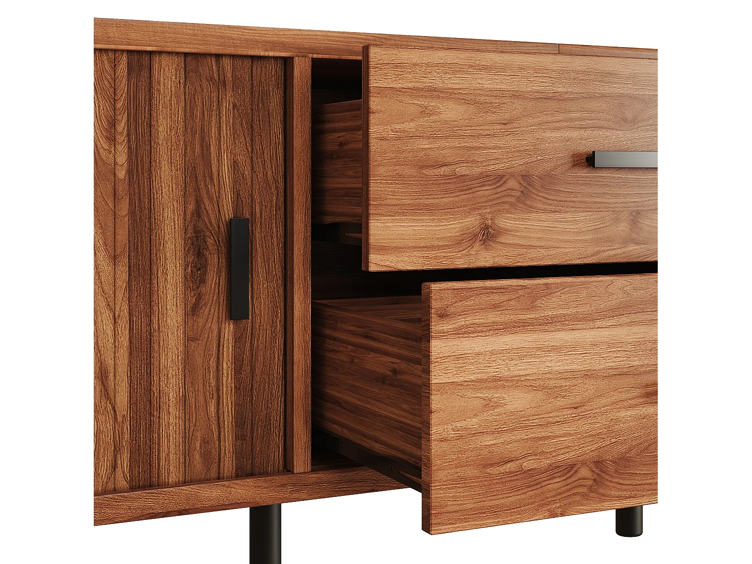 Meuble TV 160x40x55 cm - 2 tiroirs et 2 portes coulissantes - Angles arrondis - Pieds en métal - Marron