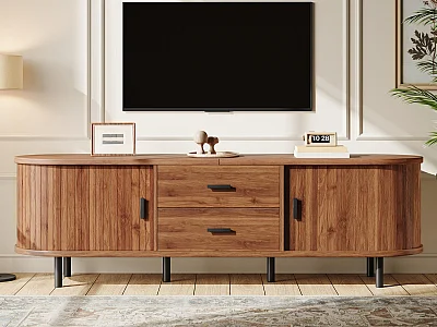 Meuble TV 150x40x55 cm - 2 tiroirs et 2 portes coulissantes - Angles arrondis - Pieds en métal - Marron