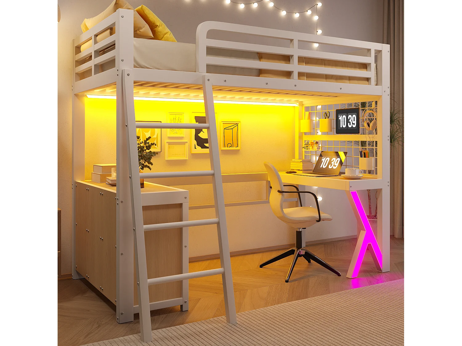 Lit mezzanine 90 x 200 cm - avec table - avec bande lumineuse LED - avec armoire de rangement - blanc (matelas non inclus)