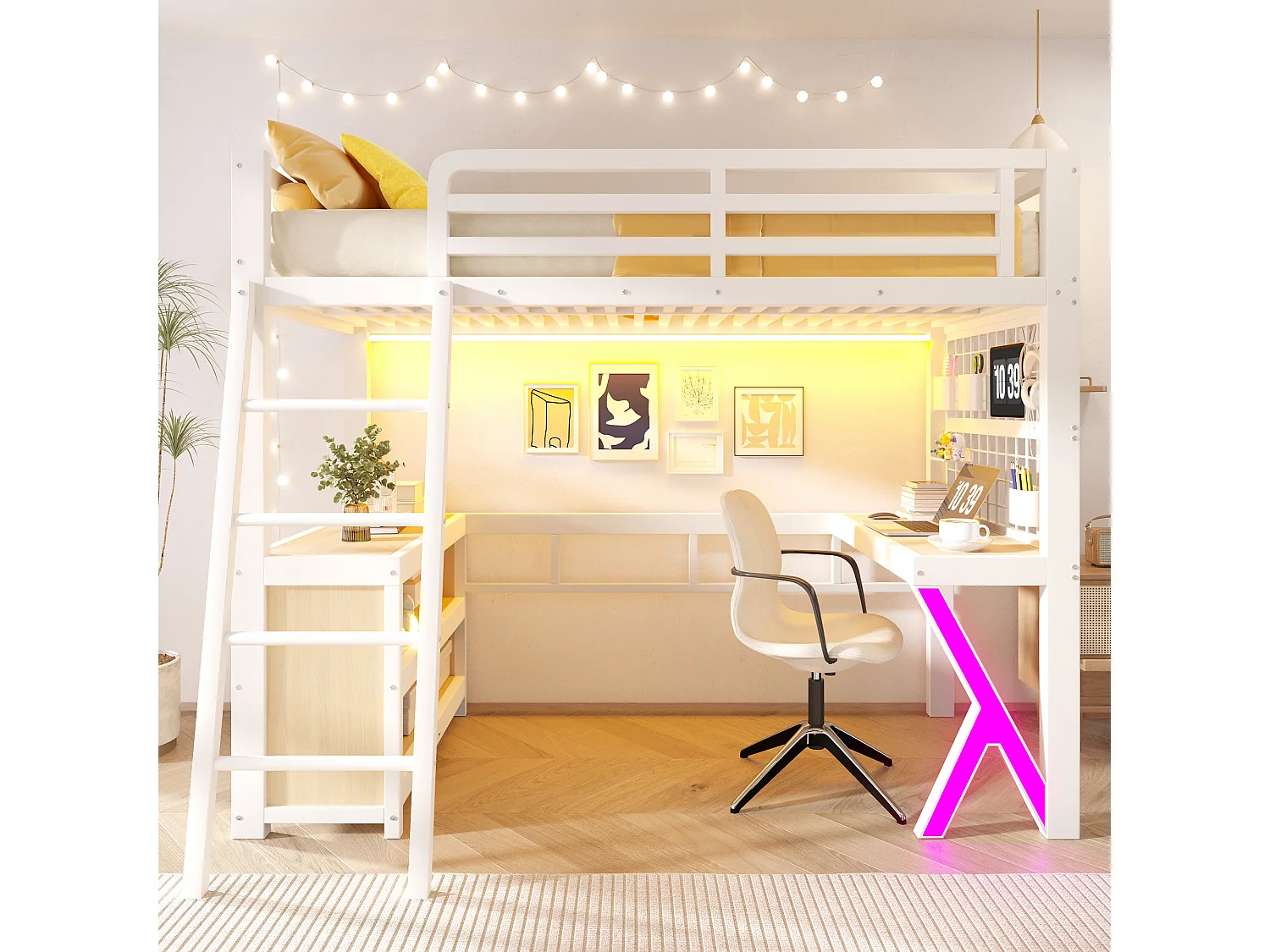 Lit mezzanine 90 x 200 cm - avec table - avec bande lumineuse LED - avec armoire de rangement - blanc (matelas non inclus)