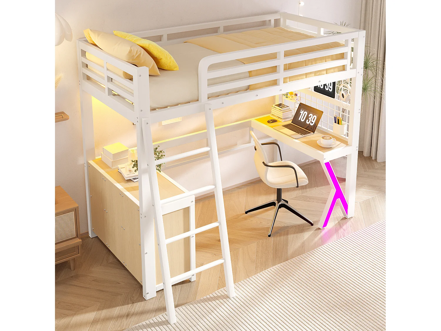 Lit mezzanine 90 x 200 cm - avec table - avec bande lumineuse LED - avec armoire de rangement - blanc (matelas non inclus)
