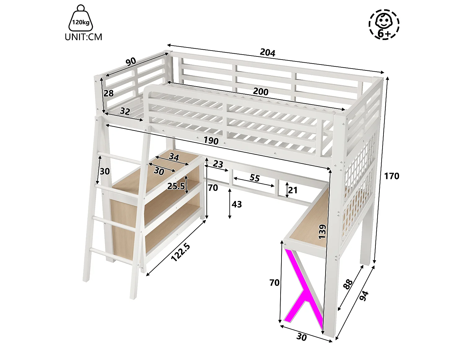 Lit mezzanine 90 x 200 cm - avec table - avec bande lumineuse LED - avec armoire de rangement - blanc (matelas non inclus)
