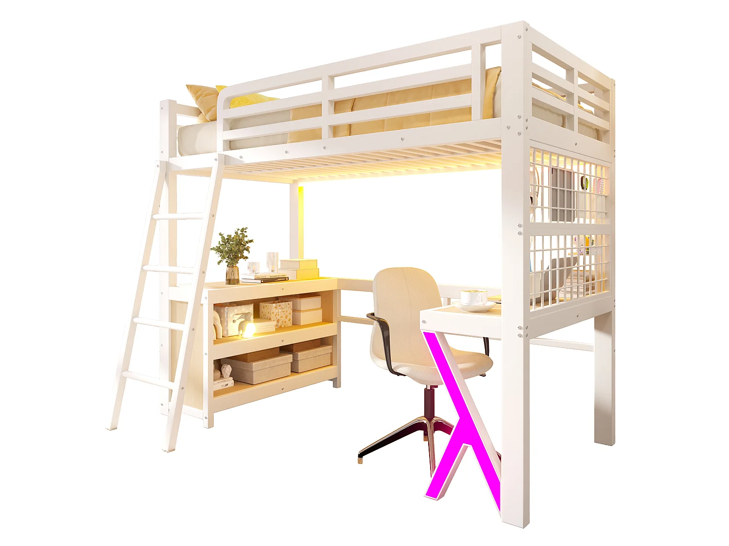 Lit mezzanine 90 x 200 cm - avec table - avec bande lumineuse LED - avec armoire de rangement - blanc (matelas non inclus)