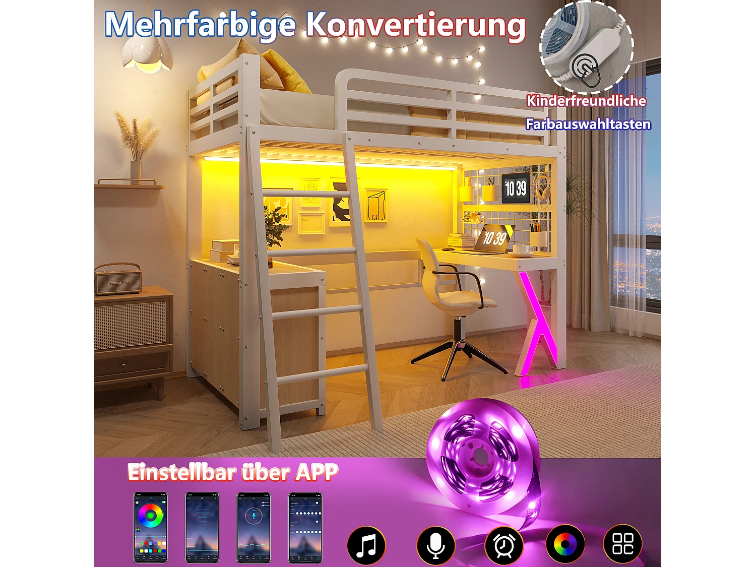 Lit mezzanine 90 x 200 cm - avec table - avec bande lumineuse LED - avec armoire de rangement - blanc (matelas non inclus)