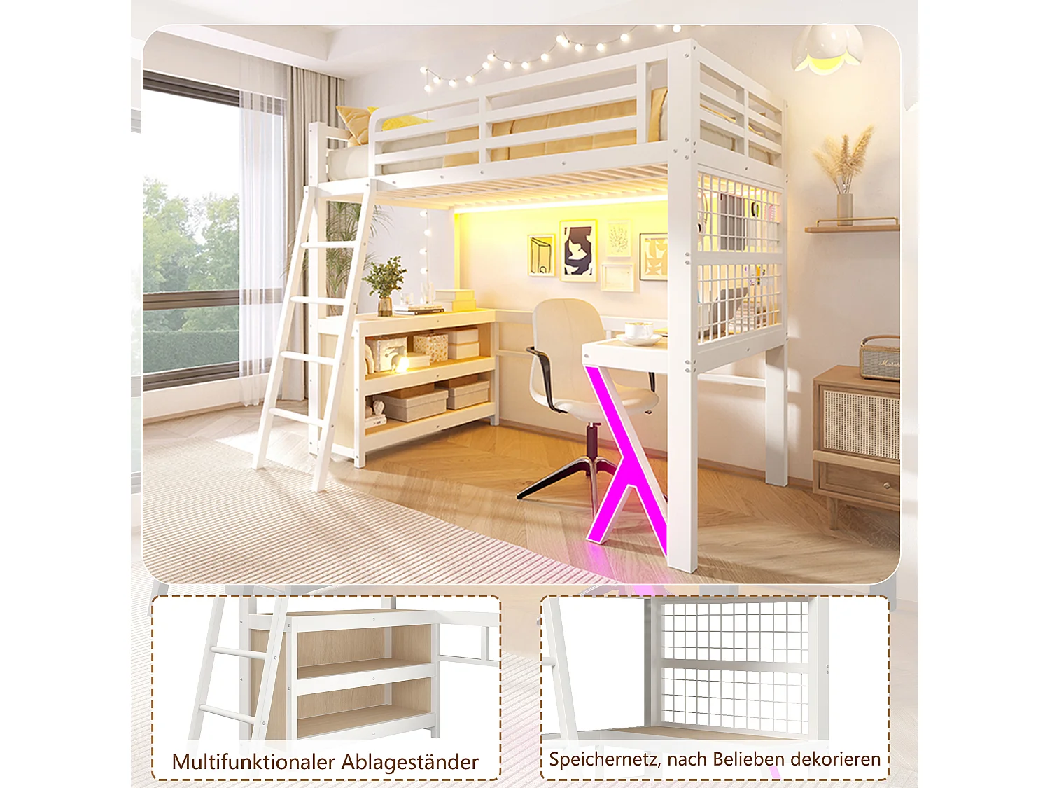 Lit mezzanine 90 x 200 cm - avec table - avec bande lumineuse LED - avec armoire de rangement - blanc (matelas non inclus)