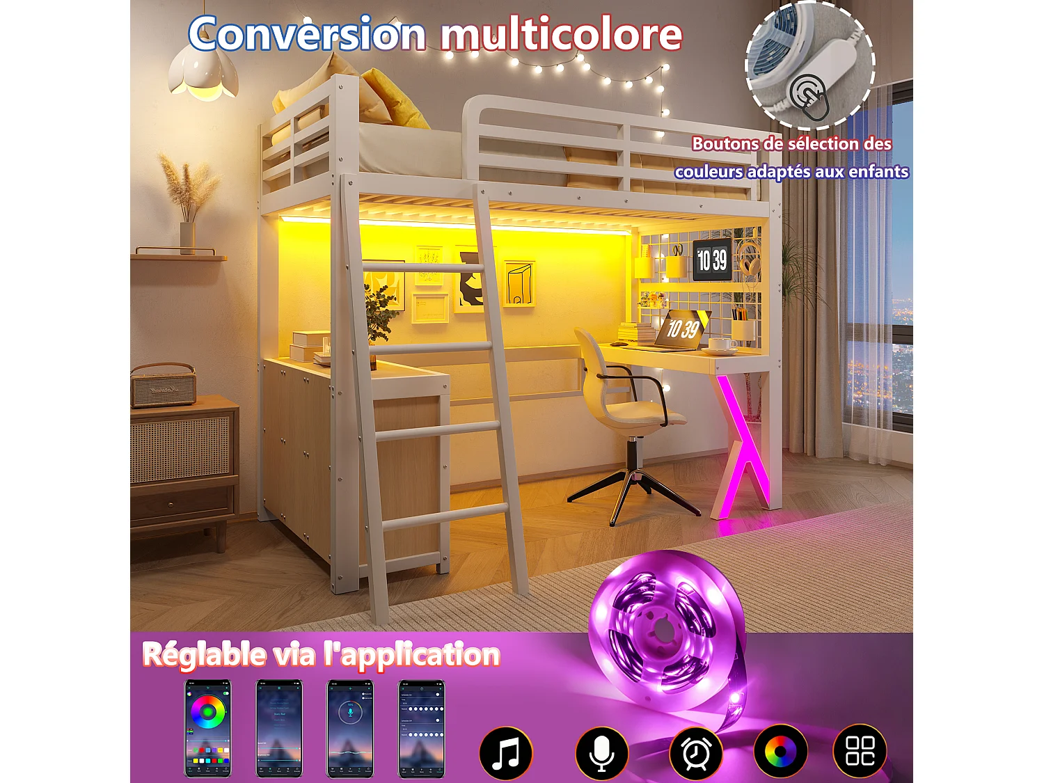 Lit mezzanine 90 x 200 cm - avec table - avec bande lumineuse LED - avec armoire de rangement - blanc (matelas non inclus)