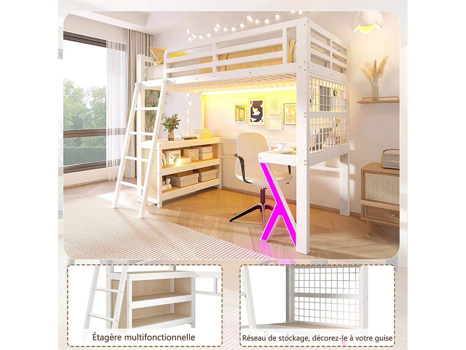 Lit mezzanine 90 x 200 cm - avec table - avec bande lumineuse LED - avec armoire de rangement - blanc (matelas non inclus)