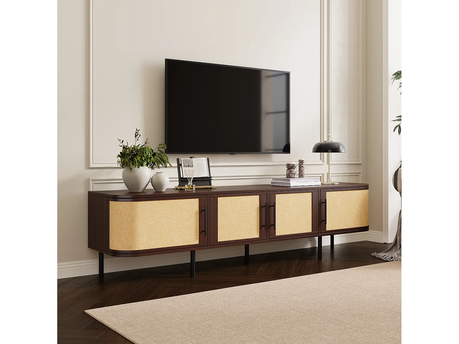 Meuble TV moderne 180 x 40 x 45 cm - 4 portes à panneaux tressés - Poignées noires et pieds en fer - MDF - Marron