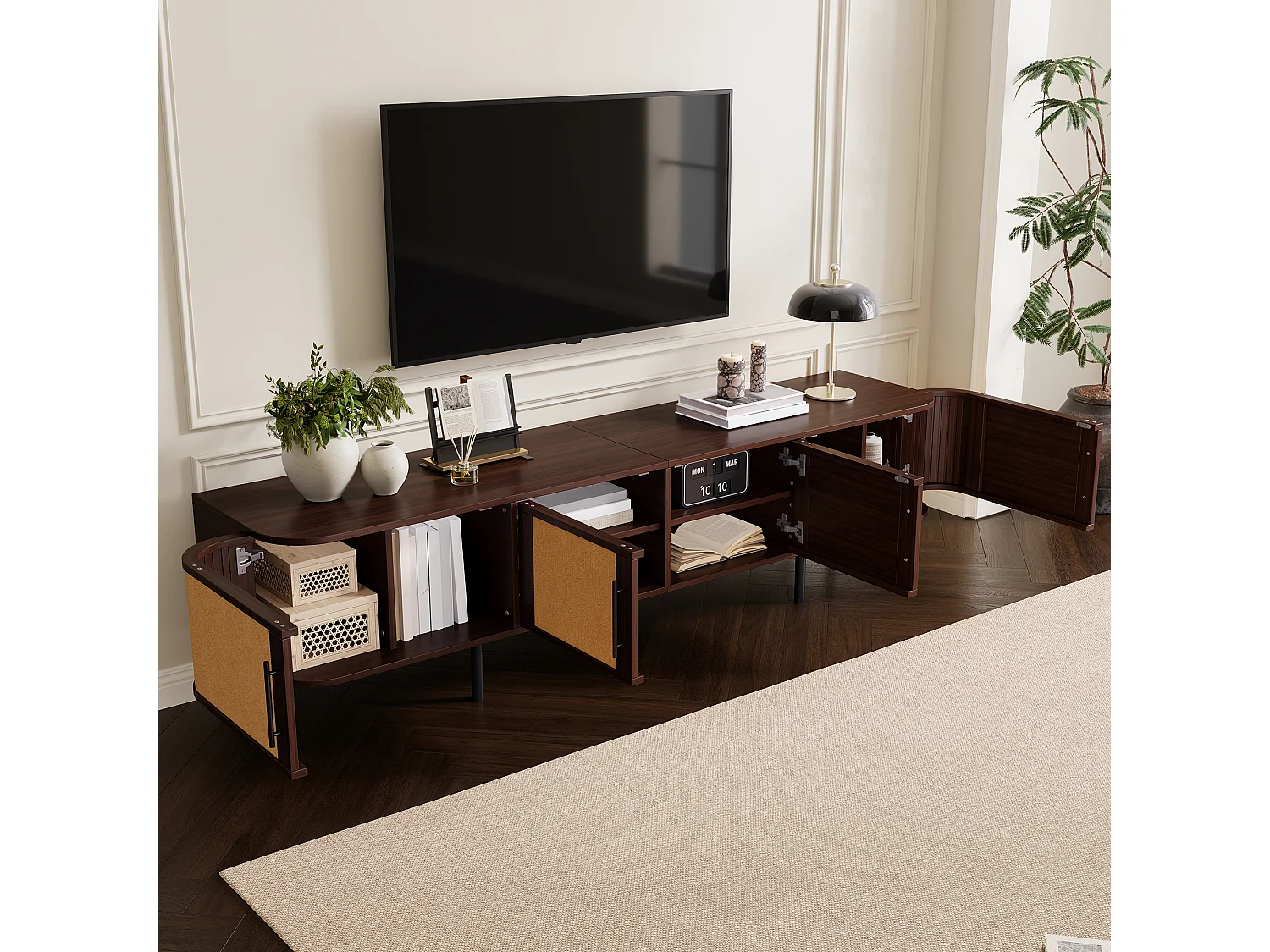 Meuble TV moderne 180 x 40 x 45 cm - 4 portes à panneaux tressés - Poignées noires et pieds en fer - MDF - Marron